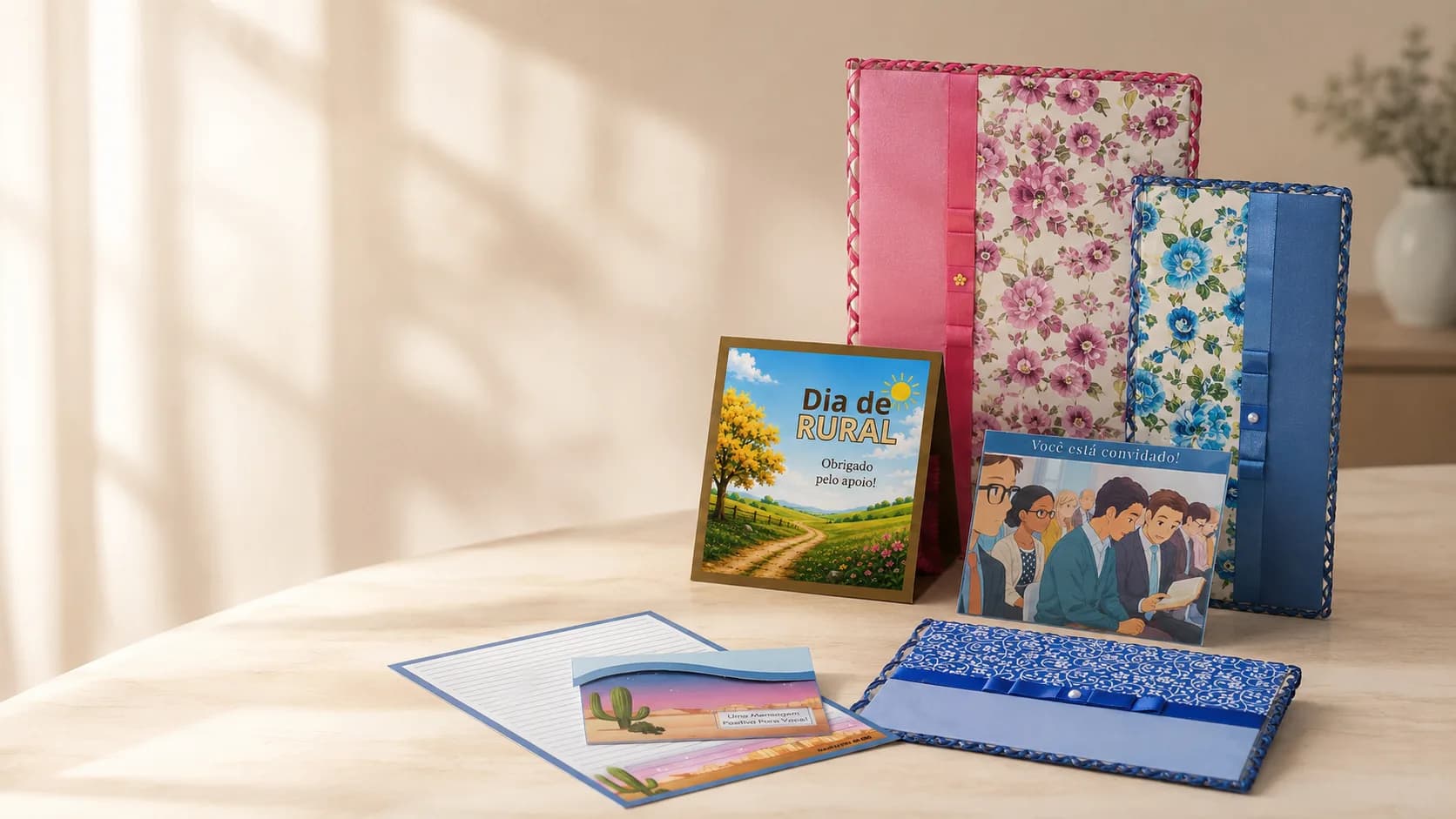 Pastas artesanais de tecido floral, cartas e envelopes da Moony Flick sobre uma mesa iluminada pelo sol
